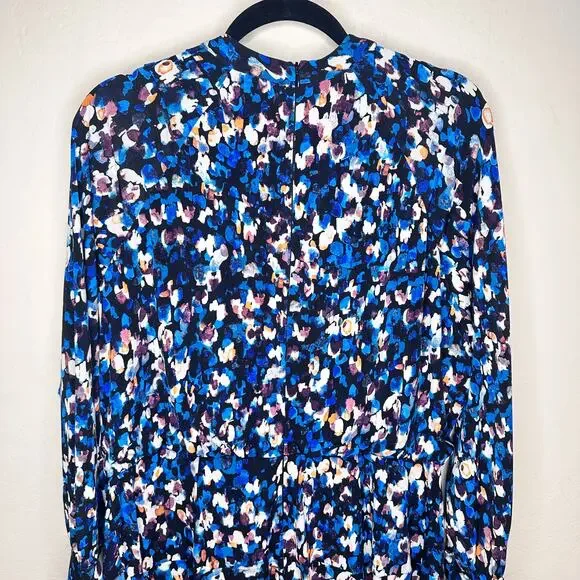 Maggy London Raglan Long Sleeve Crew Neck Blue Speckled Print Blouson Midi Dress - Picture 11 of 14